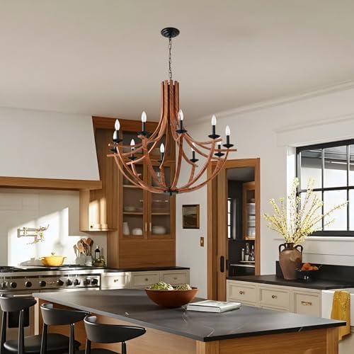 BAOURE 10 Light Rustic Chandelier Black Faux Wood Pendant Light