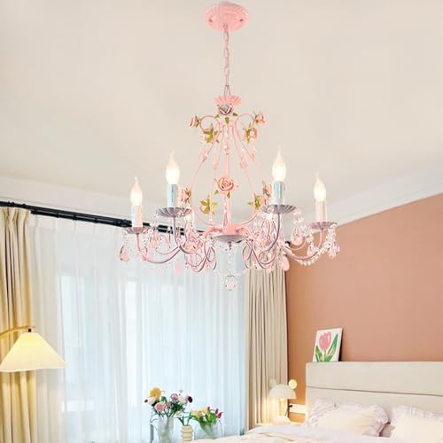 Pink Crystal Chandelier with Flowers for Girls Bedroom