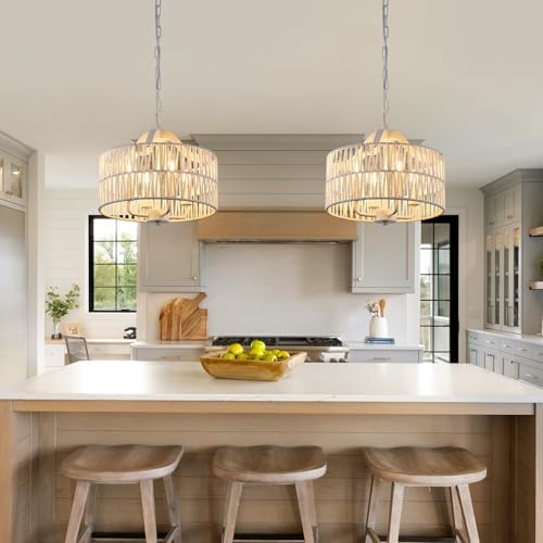 Rattan Chandelier Dining Room 4 Light Pendant Light Fixture