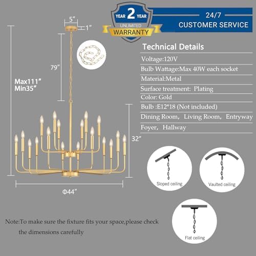 GIFARICH 18-Light 2-Tier Gold Chandeliers for Dining Room