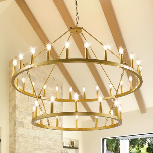 47 Inch Gold Wagon Wheel Chandelier 2 Tier 36 Lights