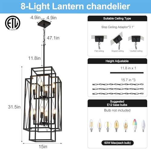 315 Inch Black Farmhouse Chandelier with 8 Lights