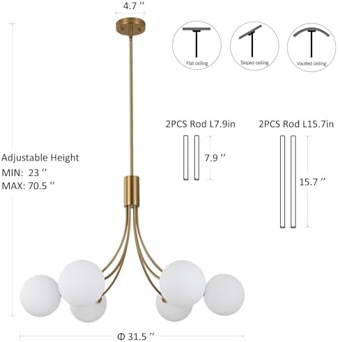 6 Light Gold Farmhouse Chandelier for Dining Room and Living Room