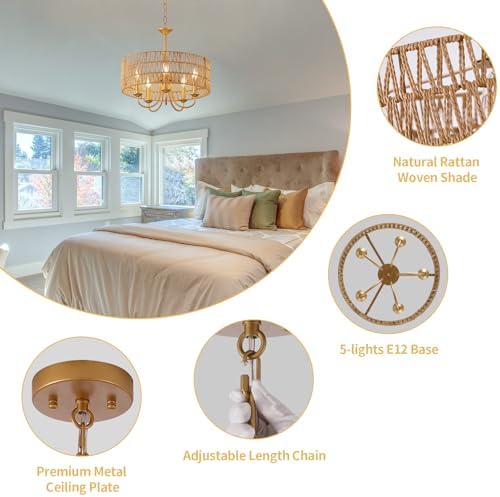5-Light Boho Rattan Chandelier with Gold Finish