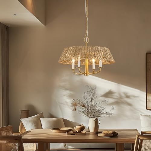 Gold Modern Rattan Chandelier with 4 Lights
