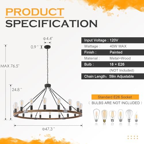 Benkut 47 Inch Black Wagon Wheel Chandelier 18 Light