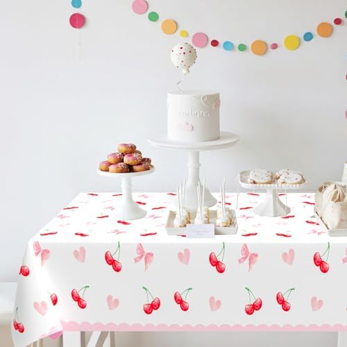 3Pcs Pink Bow Cherry Plastic Tablecloth 54x108 Inch Waterproof Party Cover