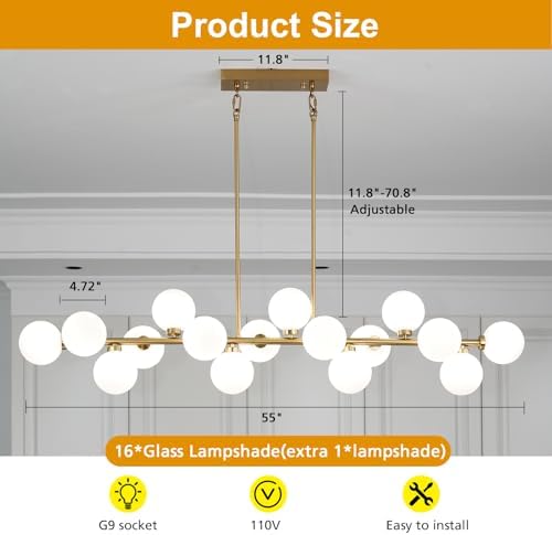 Besytal 55 Inch Black Sputnik Chandelier with 16 Grey Glass Lampshades