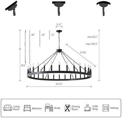 53 Inch Black Wagon Wheel Chandelier with 30 Rustic Candle Lights
