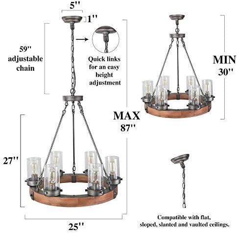 Farmhouse Wood Chandelier with Seeded Glass Shades
