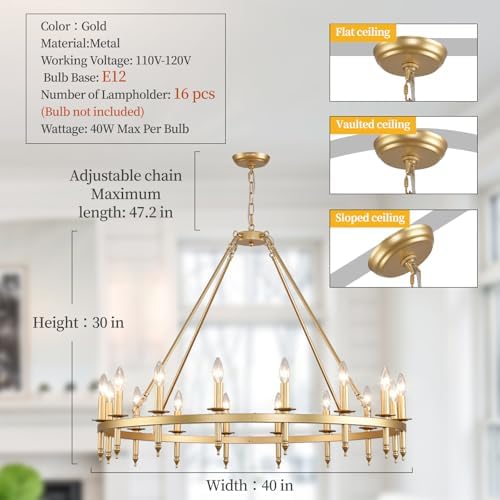 40 Inch Gold Wagon Wheel Chandelier with 16 Lights