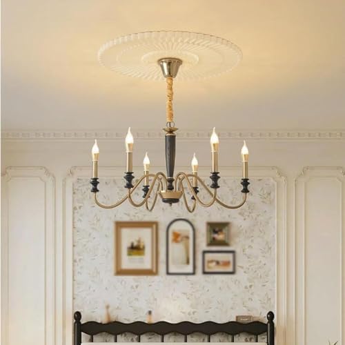 6 Light French Antique Style Chandelier with Iron and Wood Design