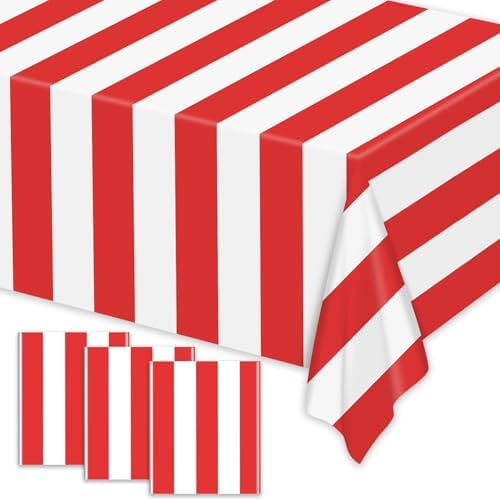 3-Pack Red and White Striped Tablecloths - 86x51 Inch Carnival Party Plastic Covers