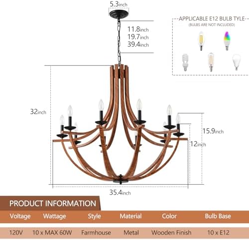BAOURE 10 Light Rustic Chandelier Black Faux Wood Pendant Light