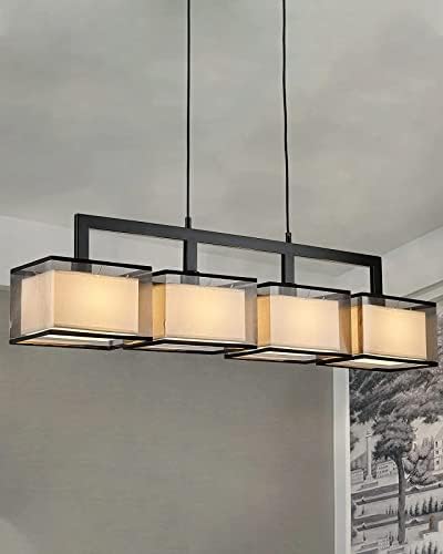 Modern Rectangular Chandelier with 4 Lights and Fabric Shade