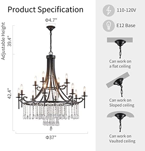 WUZUPS 12-Light Candle Chandelier Black