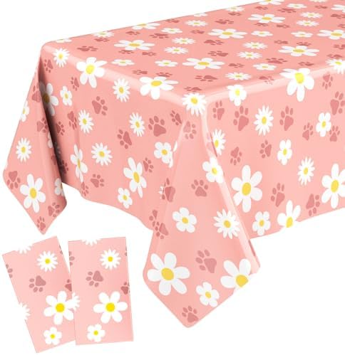 Gilprop 2 Pcs Pink Daisy Paw Print Tablecloths for Dog Parties