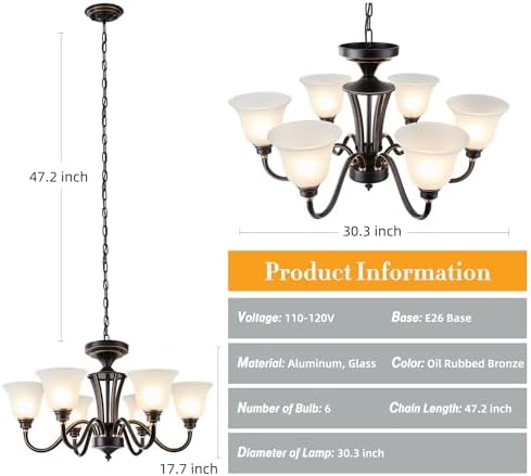 Farmhouse 6-Light Chandelier with Frosted Glass Adjustable Height Pendant Black