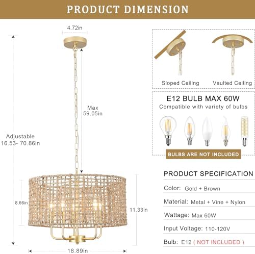 5 Light Rattan Chandelier with Gold Finish