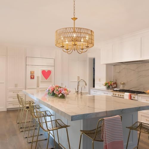 5-Light Boho Rattan Chandelier with Gold Finish