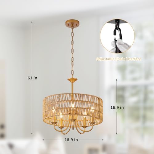 5-Light Boho Rattan Chandelier with Gold Finish