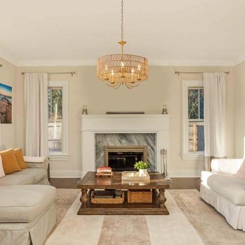5-Light Boho Rattan Chandelier with Gold Finish