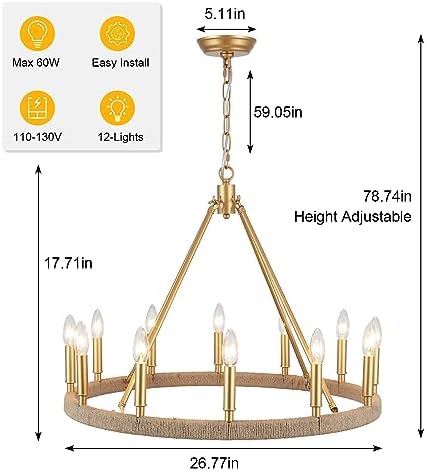 12-Lights Gold Wagon Wheel Chandelier 28 inch Farmhouse Style Ceiling Light