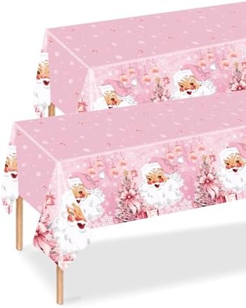 2 Pcs Christmas Tablecloth Santa Claus Pink Snowflake Xmas Cover