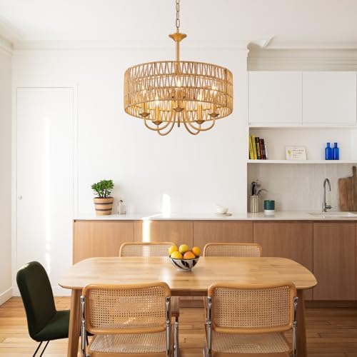 5-Light Boho Rattan Chandelier with Gold Finish