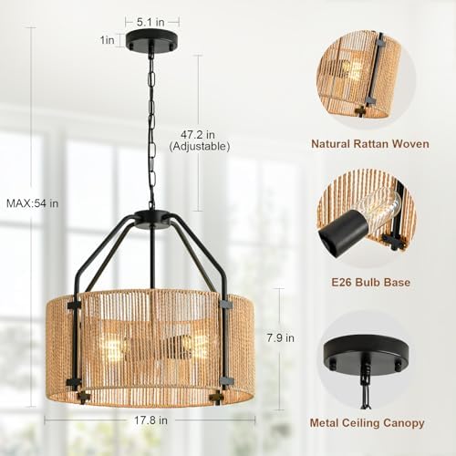 4-Light Rattan Chandelier with Wicker Shade