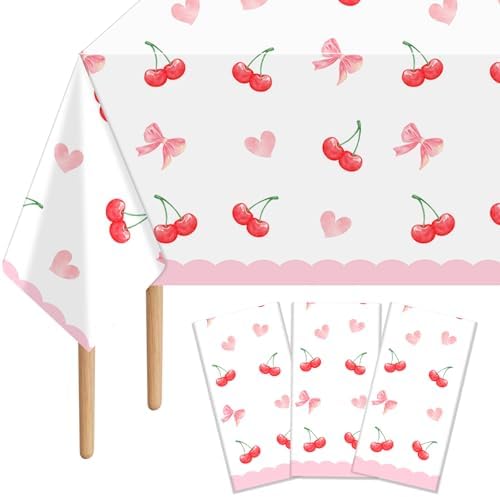 3Pcs Pink Bow Cherry Plastic Tablecloth 54x108 Inch Waterproof Party Cover
