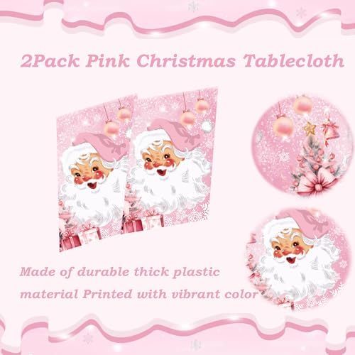 2 Pcs Christmas Tablecloth Santa Claus Pink Snowflake Xmas Cover
