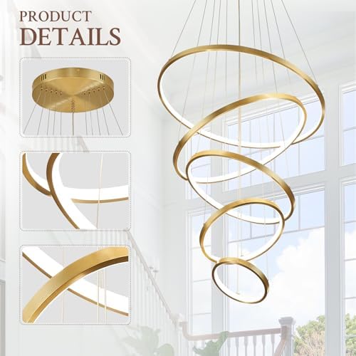 5 Ring Modern LED Chandelier Dimmable Gold for High Ceiling