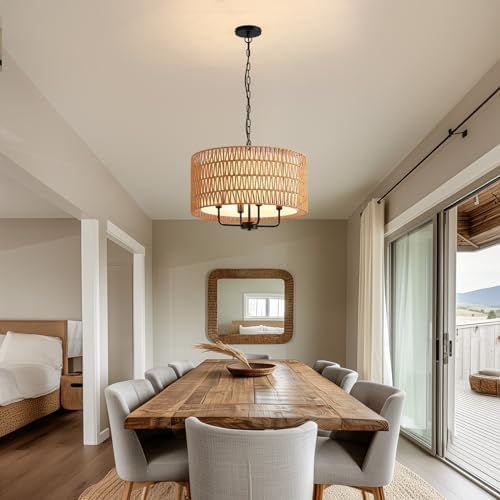 4-Light Rattan Farmhouse Chandelier for Dining Room