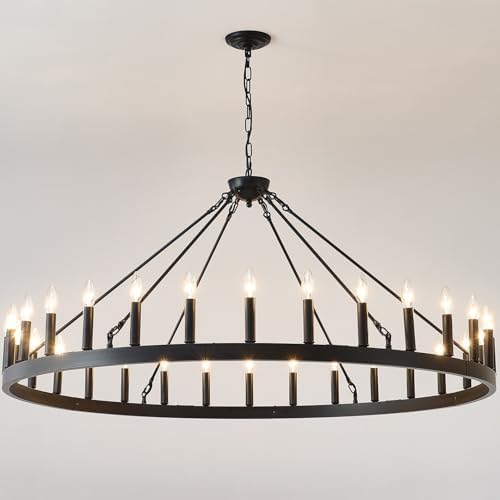 53 Inch Black Wagon Wheel Chandelier with 30 Rustic Candle Lights