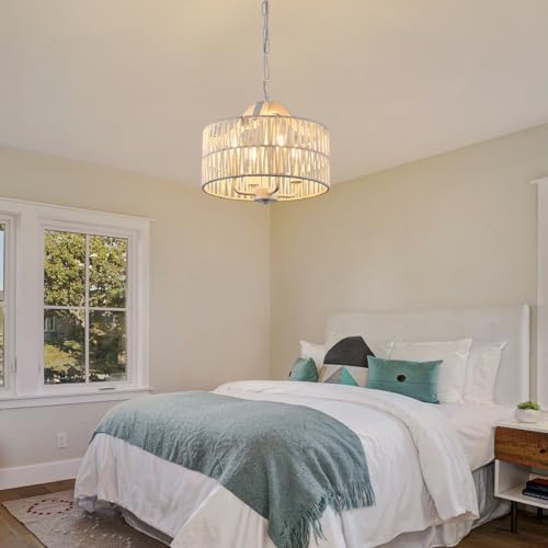 Rattan Chandelier Dining Room 4 Light Pendant Light Fixture