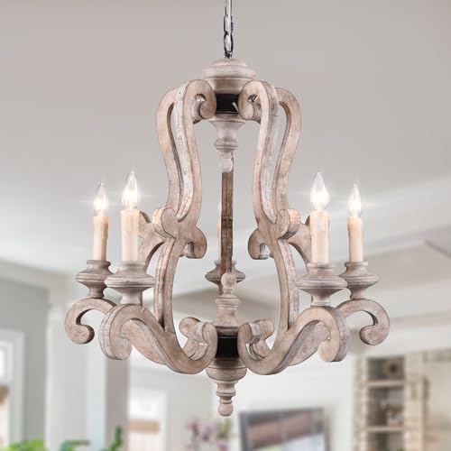 Farmhouse Weathered Wood Chandelier with 5 Candle Lights
