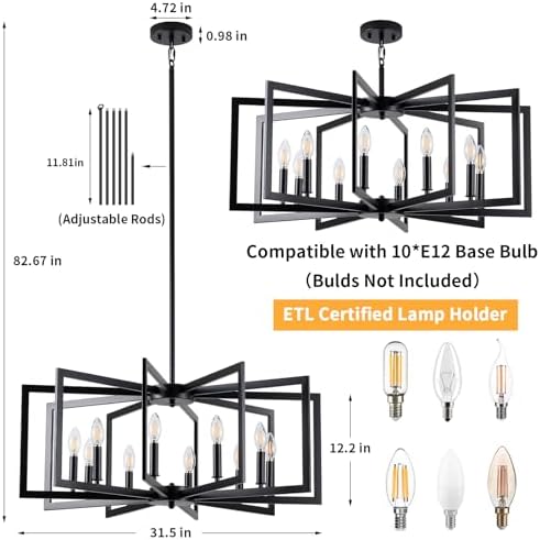 Black Chandelier Dining Room 10 Light Modern Industrial Metal