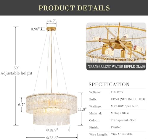 24 Inch Modern Gold Crystal Chandelier 8 Light Elegant Luxury 2 Tier