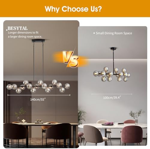 Besytal 55 Inch Black Sputnik Chandelier with 16 Grey Glass Lampshades