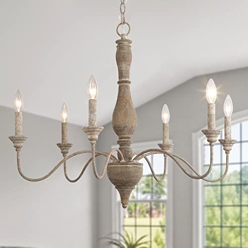 6-Light French Country Chandelier Handmade Real Wood Farmhouse Chandelier with Distressed Finish