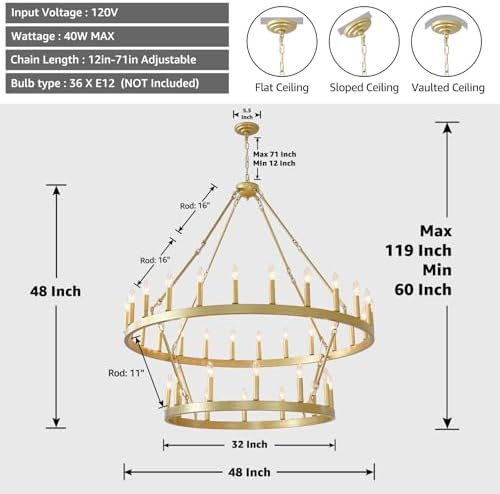 EGM 48 Inch 2 Tier Gold Wagon Wheel Chandelier