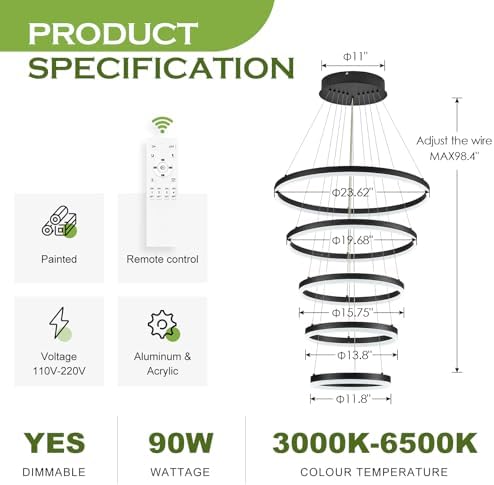 5-Rings LED Chandelier Black Dimmable with Remote Control