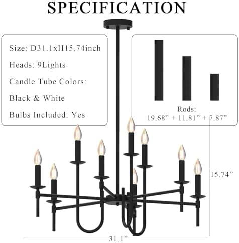 Farmhouse Black Chandelier with 9 LED Lights