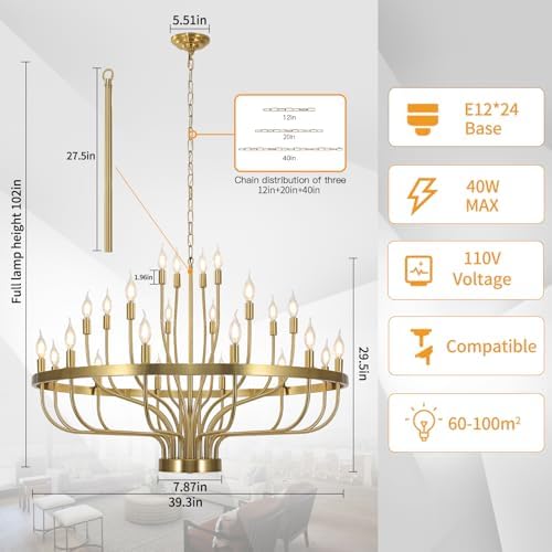 24 Light Gold Chandelier 3 Tier for Large Ceilings