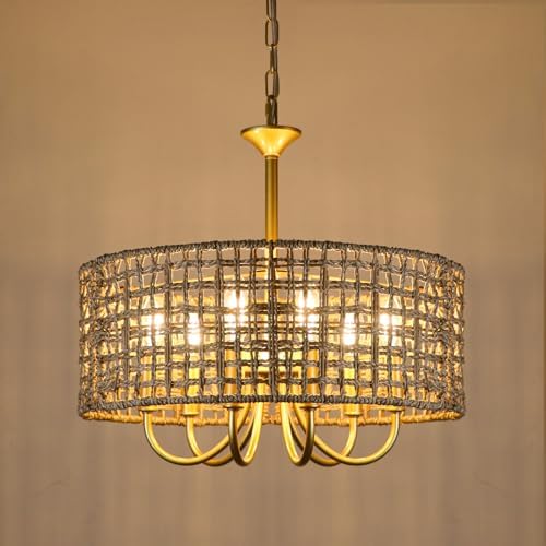 6-Light Rattan Chandelier for Dining Room and Kitchen