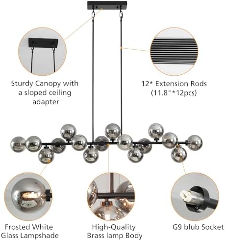 Besytal 55 Inch Black Sputnik Chandelier with 16 Grey Glass Lampshades