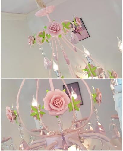 Pink Crystal Chandelier with Flowers for Girls Bedroom