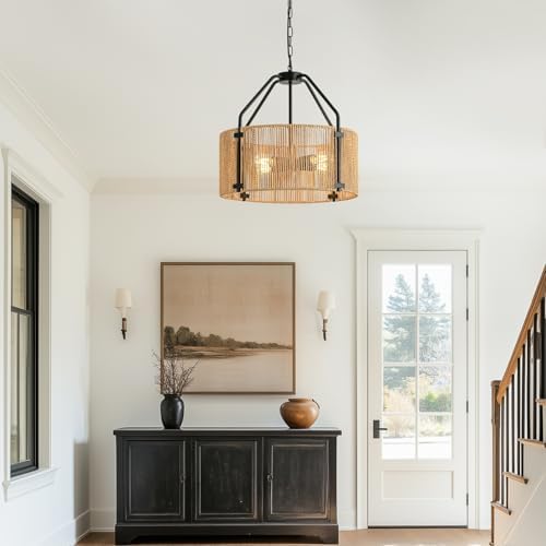 4-Light Rattan Chandelier with Wicker Shade