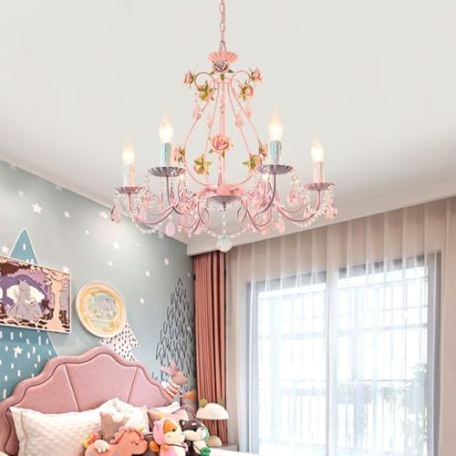 Pink Crystal Chandelier with Flowers for Girls Bedroom